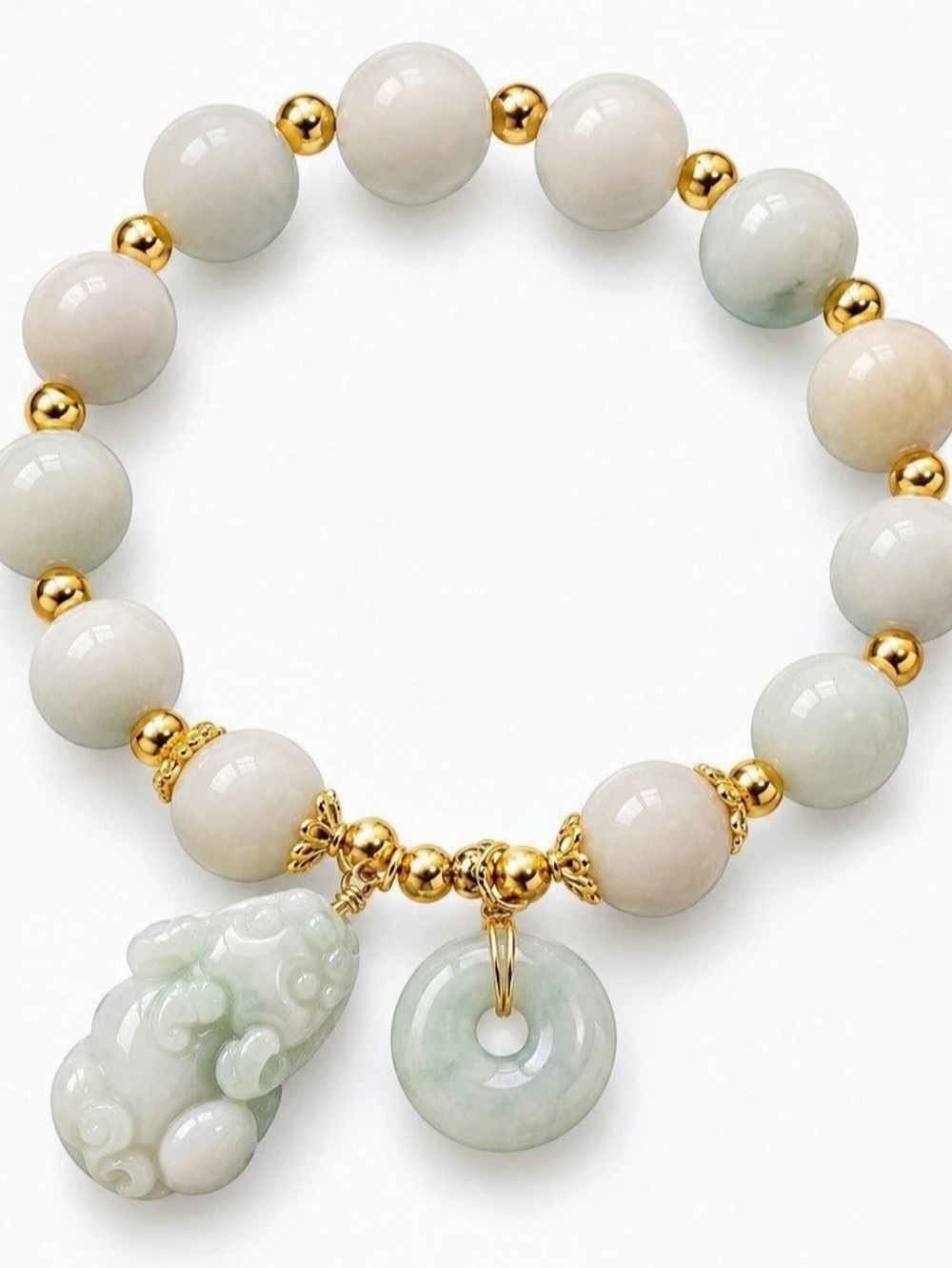 Jadeite Beaded Bracelet in Green & White-pixiu